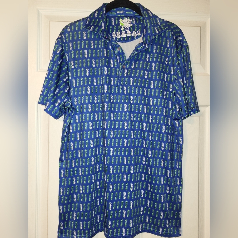 Tailorbyrd Pineapple Polo Size‎ Medium Blue Green SPF 30 Quick Dry